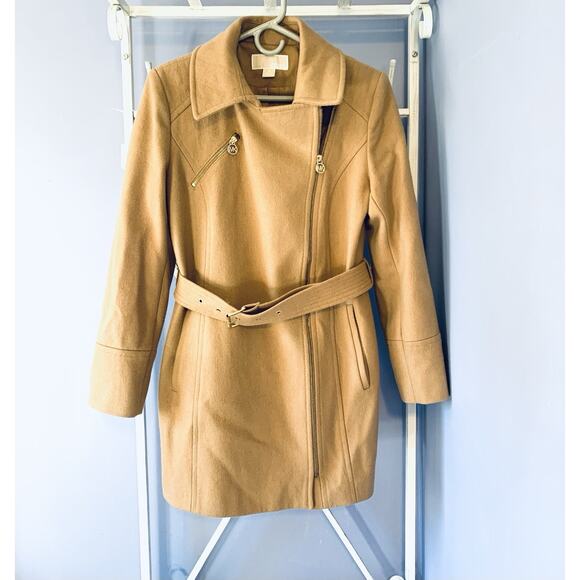 Michael Kors Wool belted coat camel zip up M preppy old money quiet luxury - Picture 4 of 10